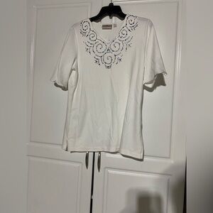 Quacker Factory White Top with Blue Embellishments